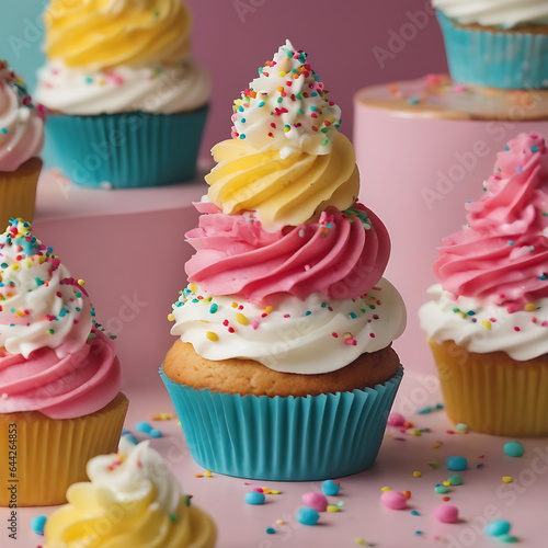 Cupcake, with fluffy cake, creamy frosting, and colorful sprinkles on top.