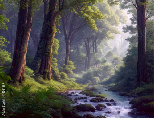 A river flows through the landscape in an enchanted forest. Generative AI