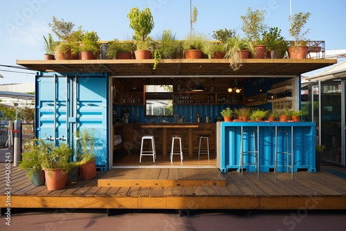 Eco-friendly shipping container transformed into a trendy eatery, workspace, or residence featuring refreshing blue and green aesthetics. Generative AI