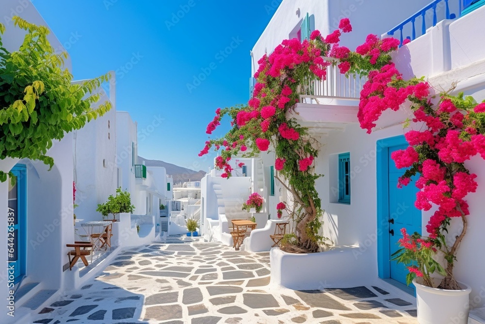 Beautiful Naousa village in picturesque Paros Island, Greece. Generative AI - obrazy, fototapety, plakaty 