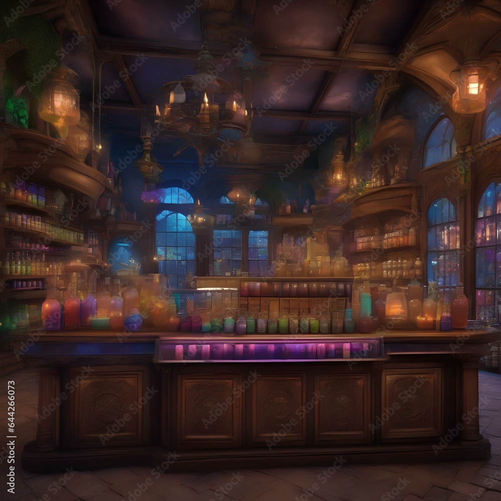 A mystical potion shop with colorful, swirling elixirs2