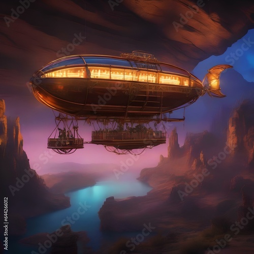 A steampunk airship race through a neon-lit canyon2