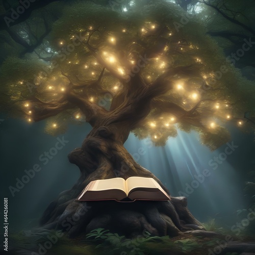 An ancient tree of knowledge with glowing, luminescent fruit1 photo