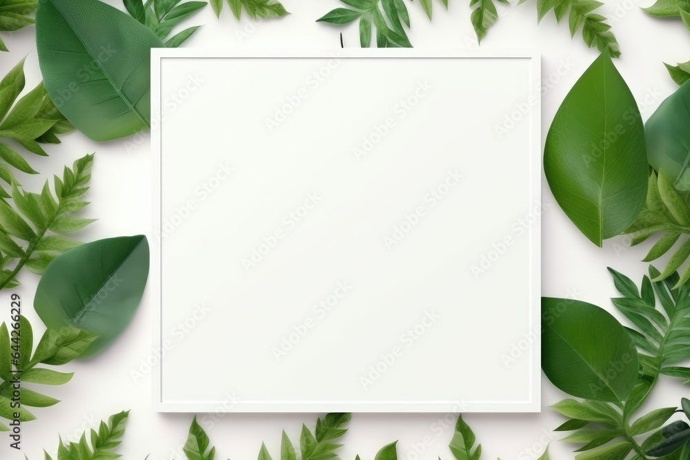 Fototapeta premium creative layout, green leaves with white square frame, flat lay, for advertising card or invitation.
