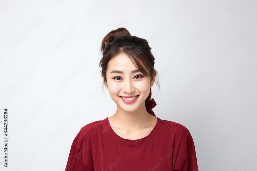 Portrait of a smiling young woman with good health glowing skin and positivity standing and looking at the camera on white background. Portrait of a smiling young woman with good health glowing skin and positivity standing and looking at the camera on white background.