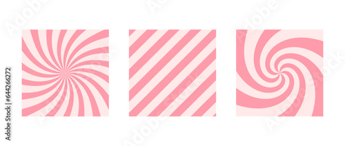 Candy color background set. Abstract pink sunbeams, sunburst and stripes design wallpaper collection. Colorful diagonal or spinning lines for banner, poster, flyer. Sweet cartoon backdrop pack. Vector