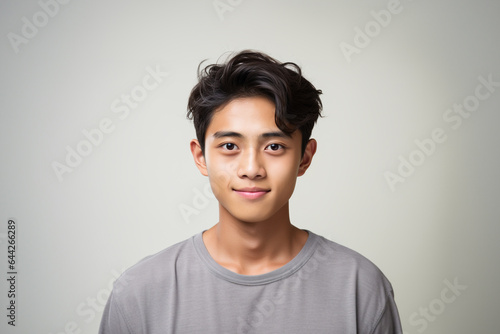 Portrait of a smiling young Asian man wearing a t-shirt with looking at the camera in confidently while standing alone in a grey wall background.