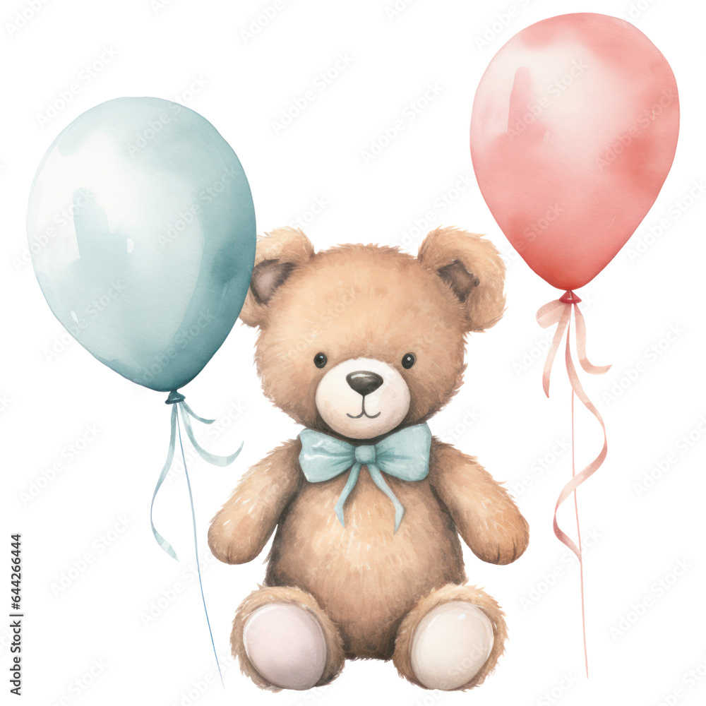 Naklejka premium Watercolor Cute Happy Teddy Bear with Colorful Balloons, Birthday Party, Celebration, Funny Animal Themed, Isolated on Transparent Background. Generative AI