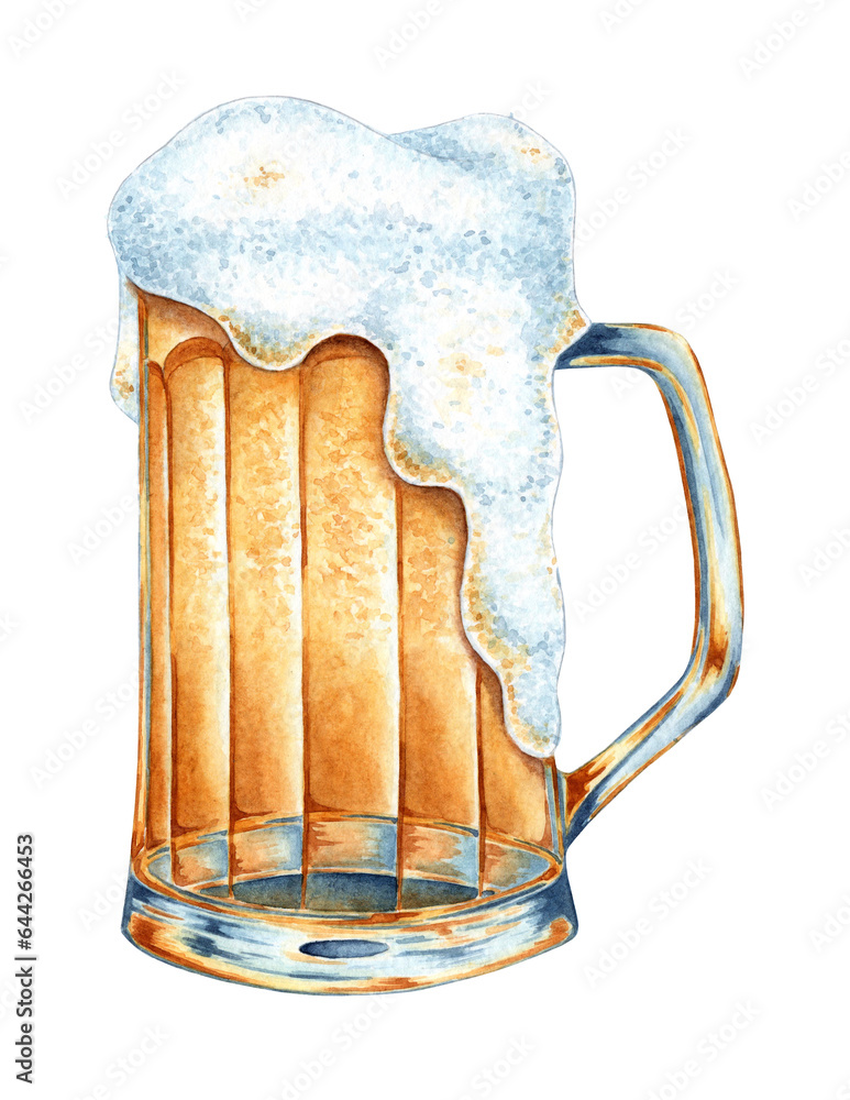 Watercolor illustration of beer with foam in a glass mug. Harvest festival, Oktoberfest beer festival. Composition for posters, postcards, banners, flyers, covers, posters and other printing products. - obrazy, fototapety, plakaty 