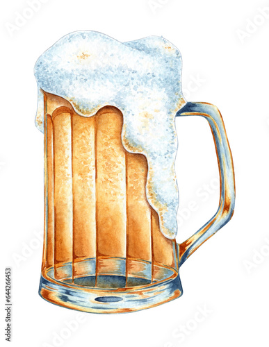 Canvas Print Watercolor illustration of beer with foam in a glass mug