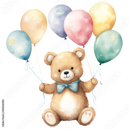Watercolor Cute Happy Teddy Bear with Colorful Balloons, Birthday Party, Celebration, Funny Animal Themed, Isolated on Transparent Background. Generative AI