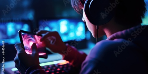 Gamer playing online game via smart phone in dark room