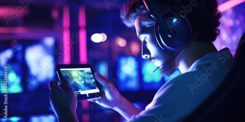 Gamer playing online game via smart phone in dark room