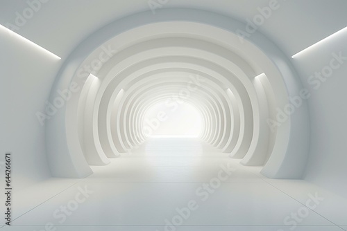 Clean white tunnel with floor window and captivating lighting, artistically portrayed in 3D. Generative AI