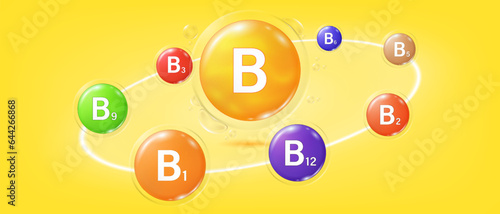 Vitamin B complex in bubble concept. Multivitamin. Vitamins complex banner for advertising, health, medical science. Beauty treatment skin care design.