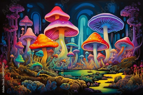 Colorful abstract artwork depicting hallucinogenic mushrooms in a mesmerizing rainbow of psychedelic hues. Generative AI