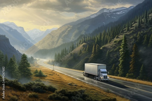 Semi truck hauling refrigerated trailer drives on highway with hills on the sides. Generative AI © Axl