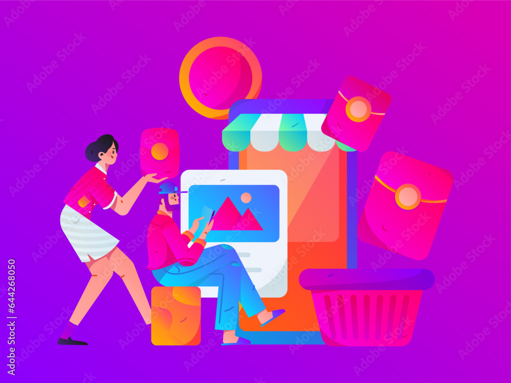 Festive Shopping E-Commerce Online Shopping People Flat Vector Concept Operation Hand Drawn Illustration Festive Shopping E-Commerce Online Shopping People Flat Vector Concept Operation Hand Drawn Illustration