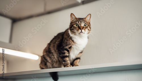 A comical cat perched on a high shelf, looking surprised and puzzled. Ideal for creating funny and relatable cat memes © Max
