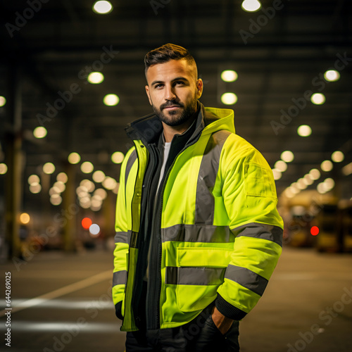 High-End Corporate Fashion: Confident Electrician in Hi-Vis Jacket against Warehouse Backdrop