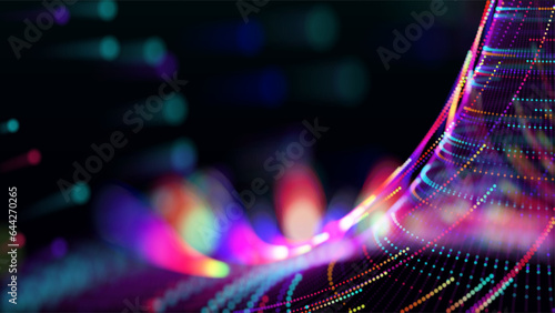 Visualization of abstract futuristic digital architecture. Abstract vortex of glowing dots surrounded by rings. Bokeh.