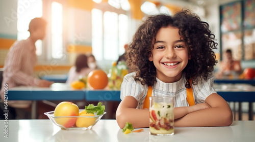 Happy elementary school girl having a healthy lunch and smiling at table in school cafeteria. photo