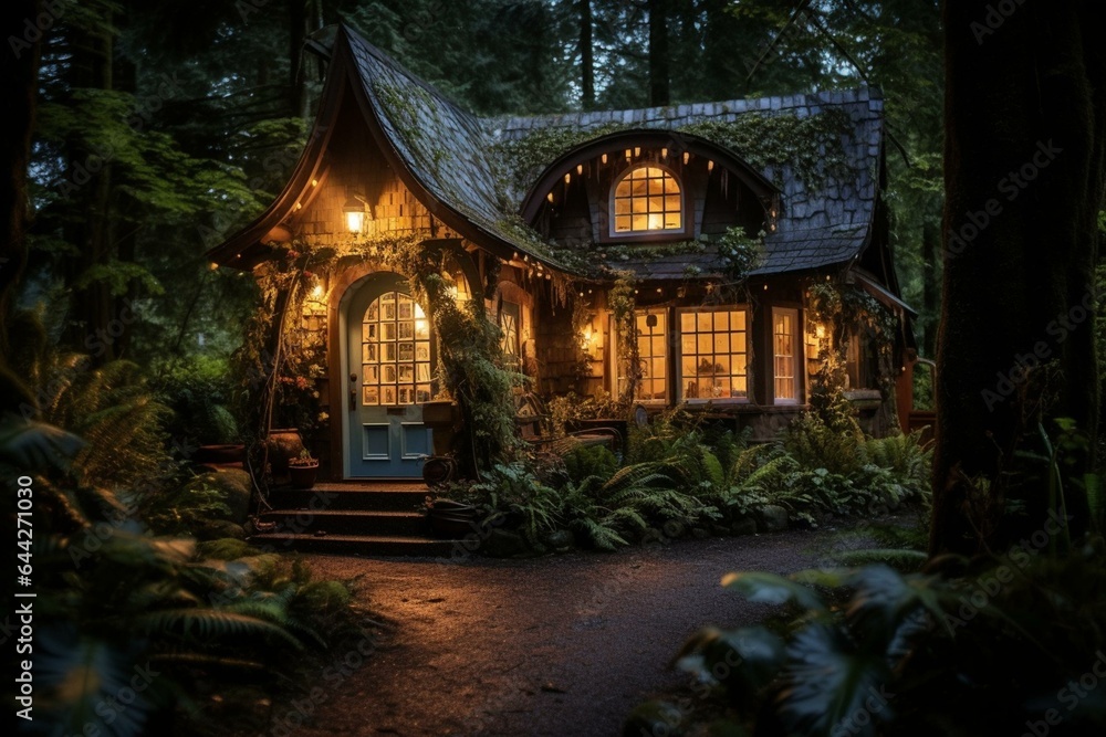 Magical cabin nestled in mystical woods. Generative AI