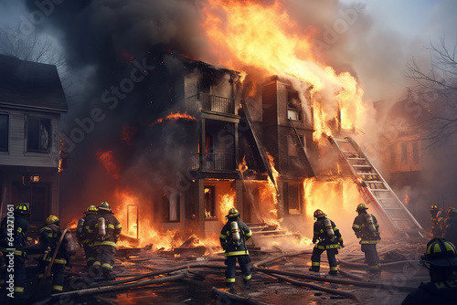 Firefighters putting out a home fire. Group of firefighters extinguishing fire burning on a building. © arhendrix