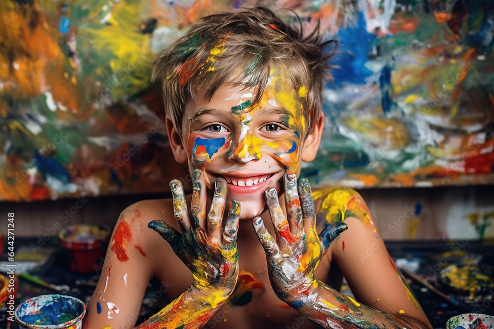 a young smiling boy, engaged in painting with paint on his face and hands. Young creative hands