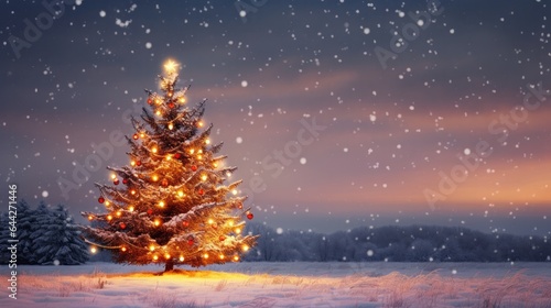 A lit christmas tree in a snowy field. Generative AI. © Natalia