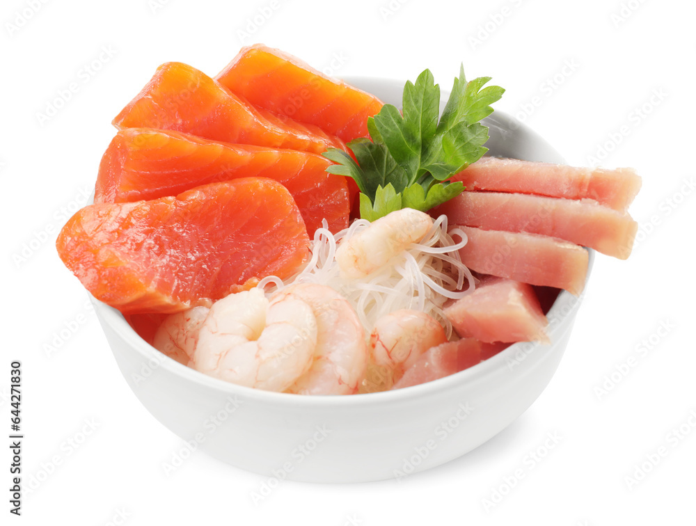 Sashimi set of salmon, tuna and shrimps served with funchosa and parsley isolated on white Sashimi set of salmon, tuna and shrimps served with funchosa and parsley isolated on white