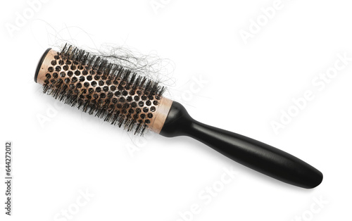 Professional brush with lost hair on white background, top view