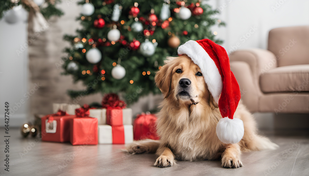 A cute dog wearing a Santa Claus hat and sitting next to a beautifully decorated Christmas tree, eagerly awaiting its holiday treat A cute dog wearing a Santa Claus hat and sitting next to a beautifully decorated Christmas tree, eagerly awaiting its holiday treat