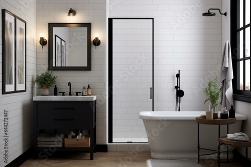 A compact contemporary bathroom with a black vanity  mirror frame  and fixtures. White subway tiles adorn the bathtub and shower with contrasting black faucets. Generative AI