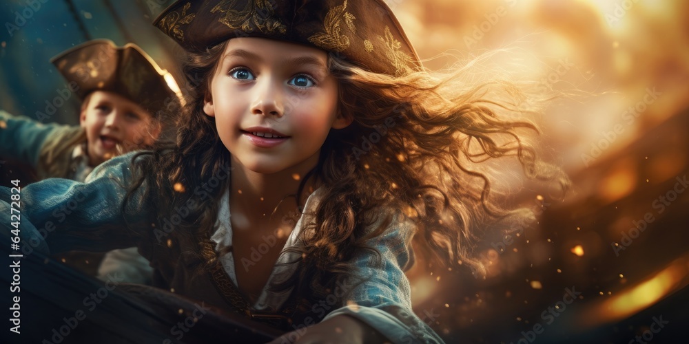 Obraz premium A little girl and boy in pirate costumes riding on a boat. Generative AI.