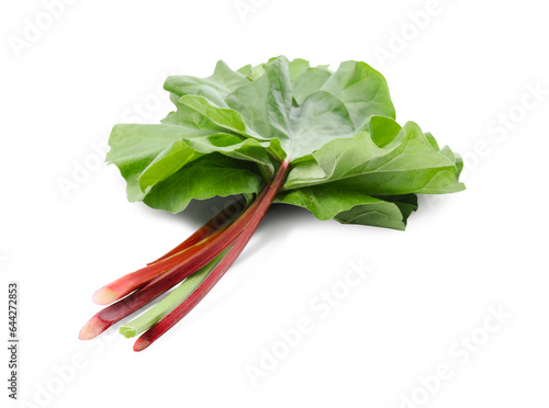 Fresh rhubarb stalks with leaves isolated on white
