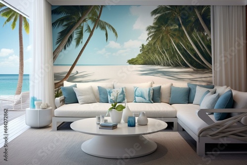 Contemporary lounge area with couch, white coffee table, and beach-themed backdrop. Generative AI