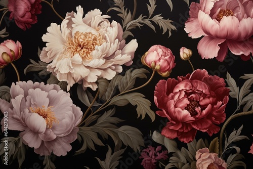 Peony-filled floral wallpaper in shades of pinks, blush, and mauve against a black backdrop. Generative AI