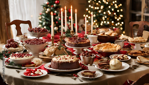 A festive holiday table filled with delicious Christmas dinner dishes and desserts  ready for a family gathering or holiday feast