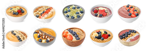 Set of different smoothie bowls isolated on white