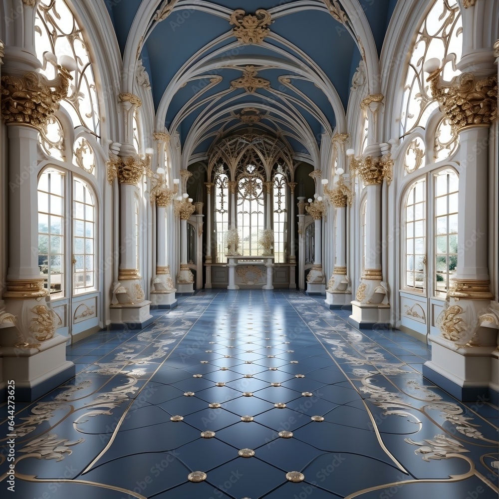 A beautiful blue and white room with ornate molding hallroom. - obrazy, fototapety, plakaty 
