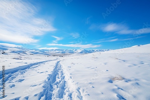 Receding perspective of a ski trail in a snowy landscape under a blue sky. Generative AI © Roan