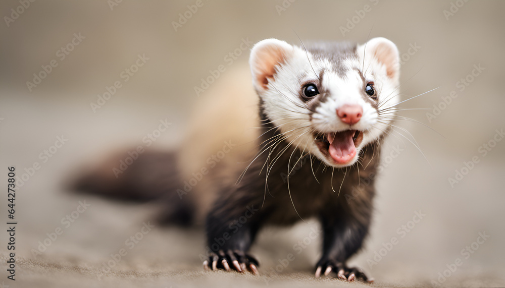 A mischievous ferret caught in a playful act, looking utterly amused. Use this image to bring joy and laughter to your audience A mischievous ferret caught in a playful act, looking utterly amused. Use this image to bring joy and laughter to your audience