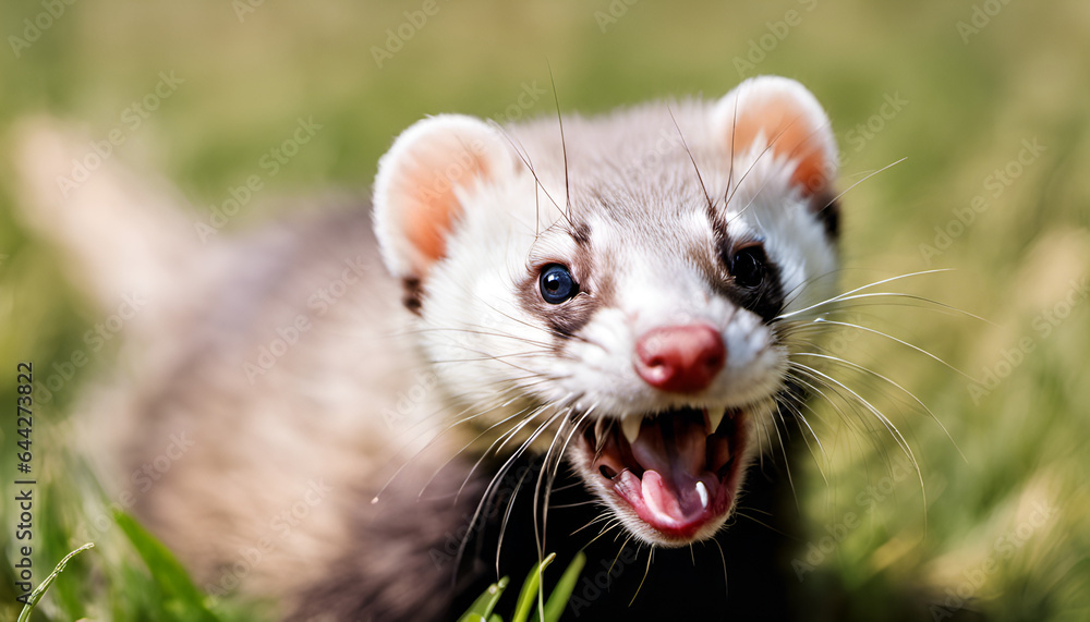 A mischievous ferret caught in a playful act, looking utterly amused. Use this image to bring joy and laughter to your audience A mischievous ferret caught in a playful act, looking utterly amused. Use this image to bring joy and laughter to your audience