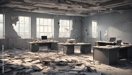 A once-thriving business now in ruins, economic collapse theme. A desolate office space with broken furniture. Perfect for depicting financial disaster, ample text area