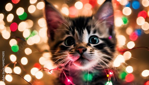 A playful kitten tangled in colorful holiday lights, creating a humorous and adorable festive moment