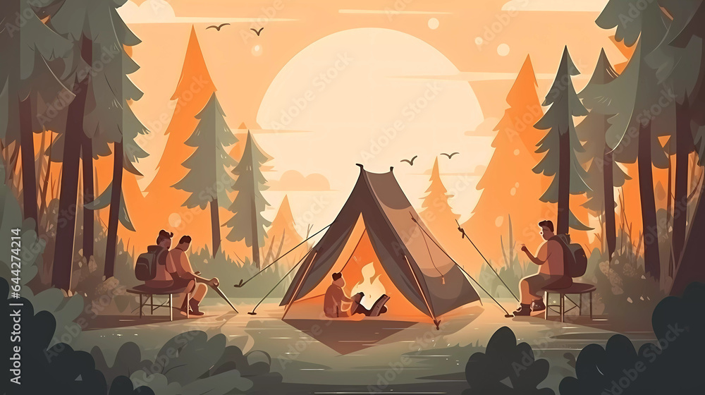 Camping ground with campers around bonfire,tent with pine tree background.vector illustration. - obrazy, fototapety, plakaty 
