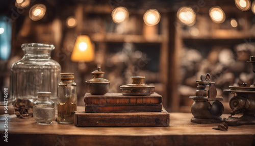 A vintage wooden table with antique items in front of a blurred antique store scene with bokeh lights. High quality photo  great for antique and vintage product showcases
