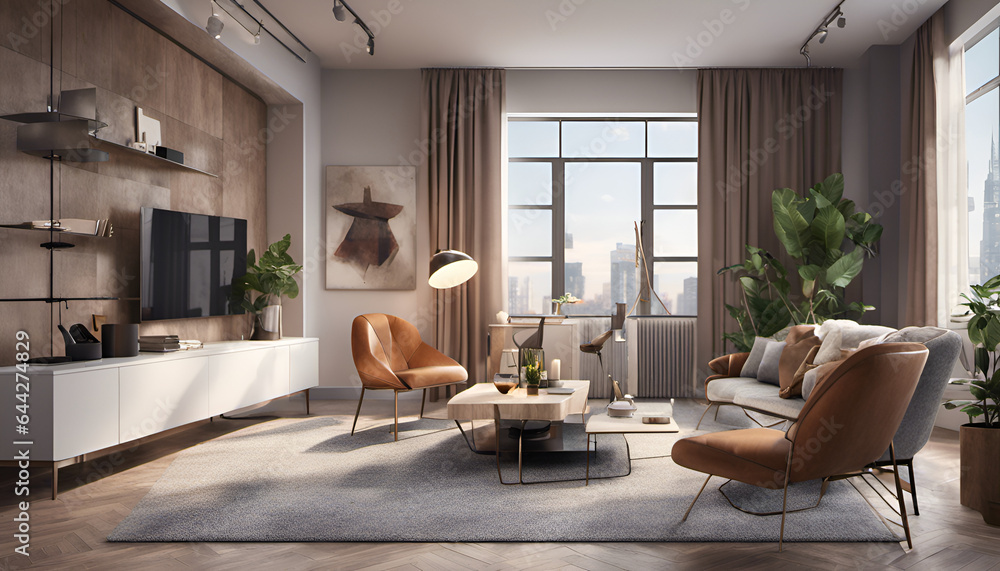 Chic and trendy urban apartment, city living in style. A contemporary apartment interior. Great for urban lifestyle ads Chic and trendy urban apartment, city living in style. A contemporary apartment interior. Great for urban lifestyle ads
