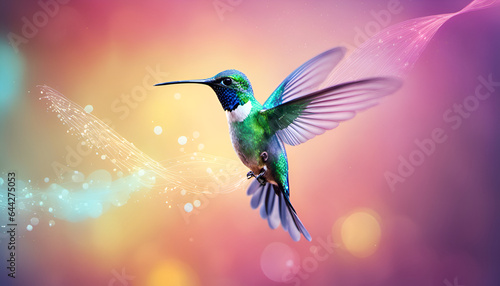 humming bird flying over a coloured sparkling blurry background  image design. Sunny  bright image